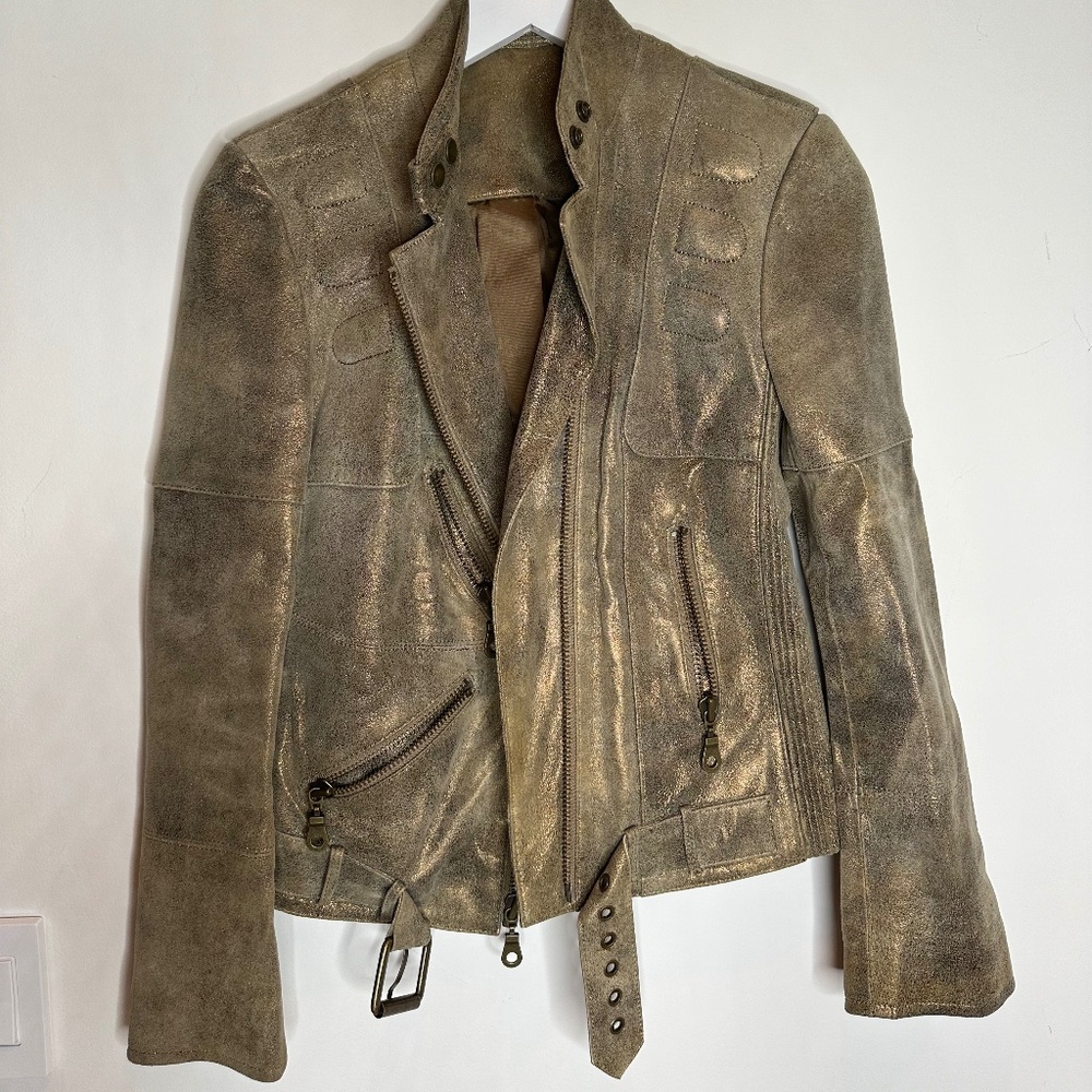 Metallic Gold Leather Motorcycle Jacket- Size 2